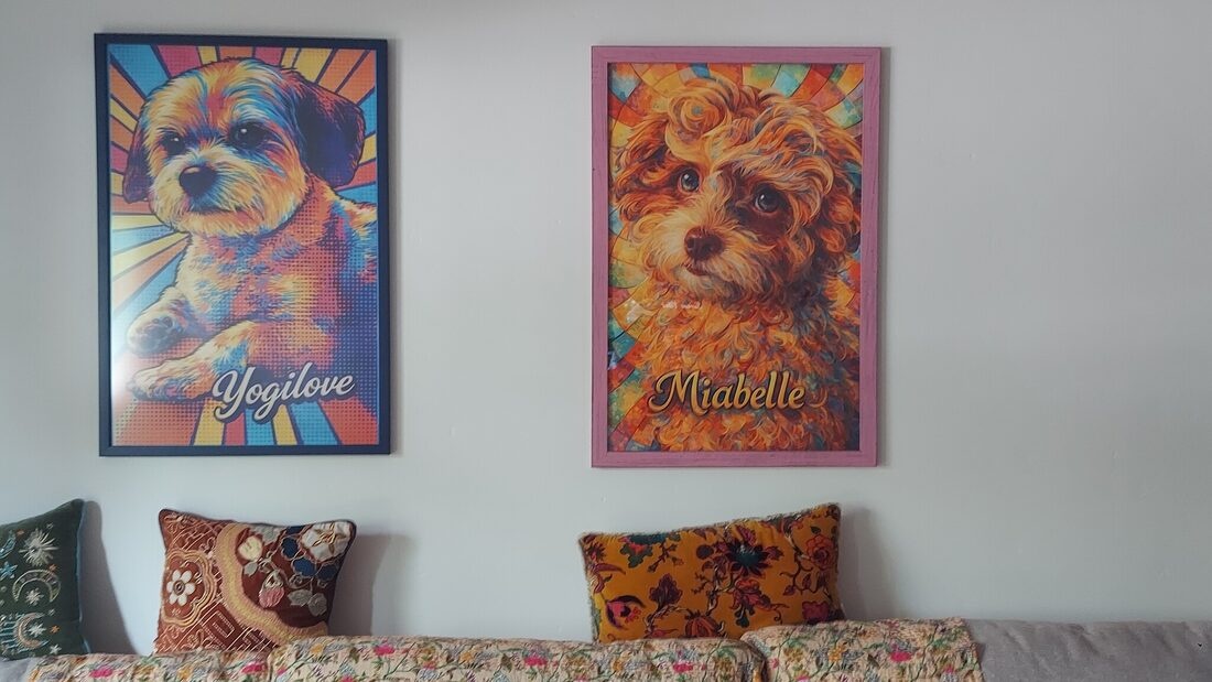 A pet photo displayed side by side with the finished custom portrait made from it