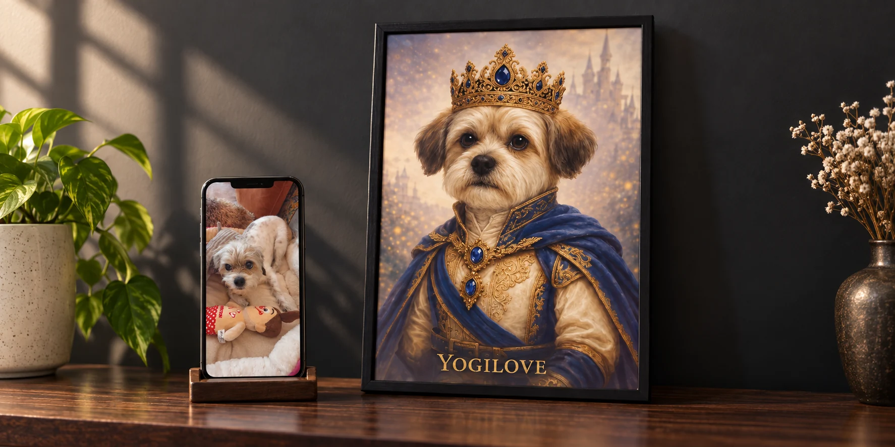 AI-generated concept scene, a pet photo on a phone beside the matching framed royal portrait.