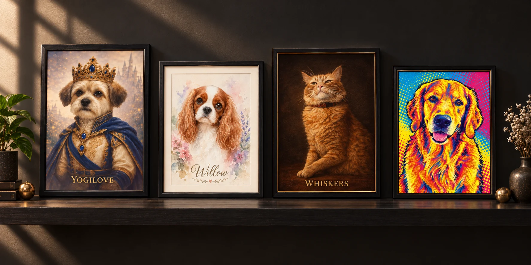 AI-generated gallery scene showing royal, watercolor, oil painting and pop art pet portraits side by side.