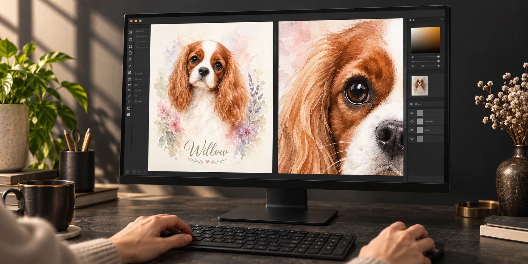 AI-generated concept scene of a pet portrait being reviewed on a computer screen.