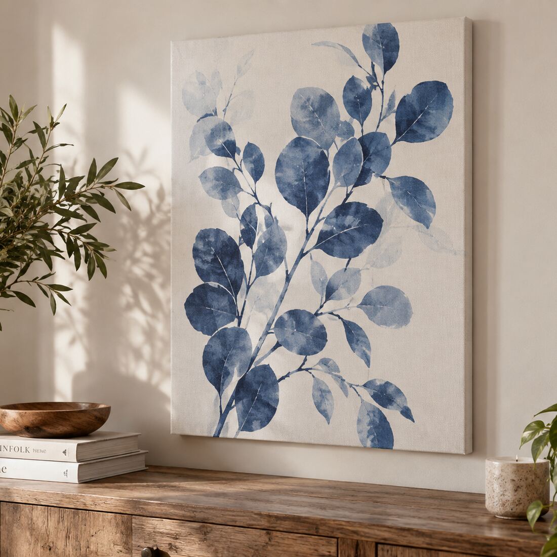 The canvas standing on a sideboard with no frame around it. This is how it arrives.
